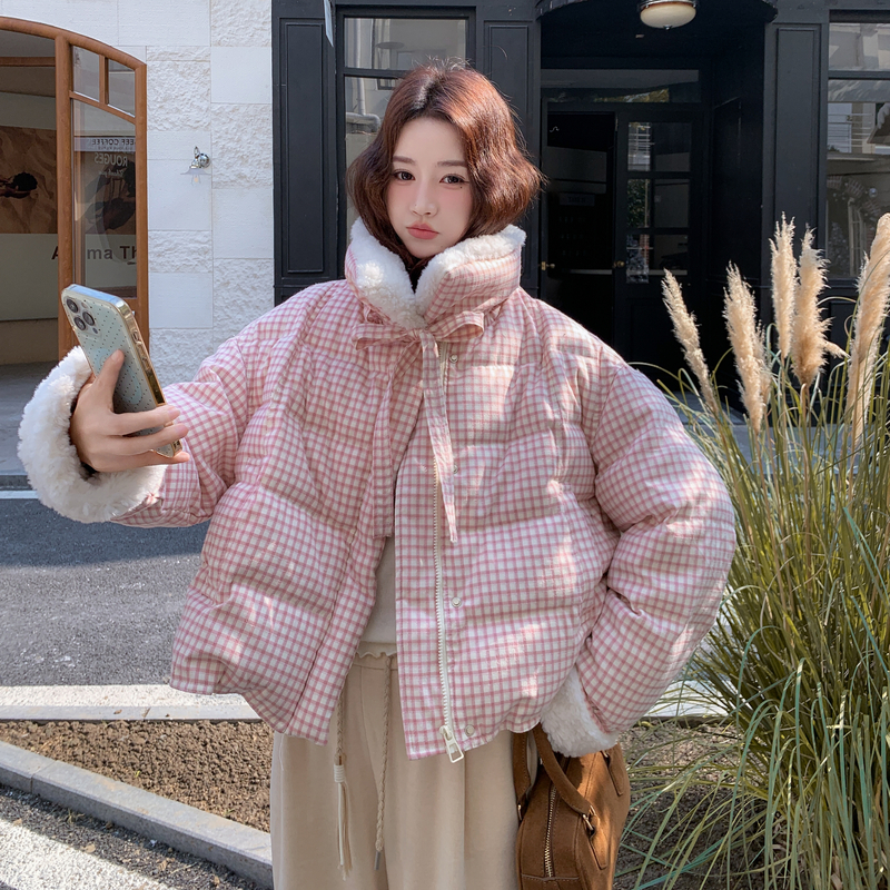 新款少女甜美格子拼接羽绒服外套235-2566-P275-控388，女装羽绒服，金十上