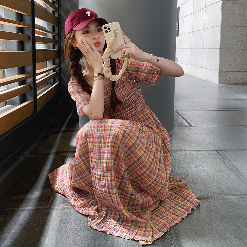 多巴胺穿搭法式方领泡泡袖连衣裙女夏2025新款彩虹色艺术生长裙子,女装连衣裙,金十上