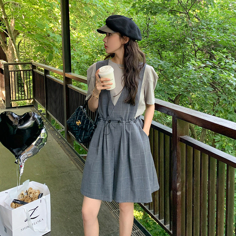 盐系轻熟穿搭格子背带裤女夏薄款2025年新款洋气减龄短裤,女装连体裤,金十上