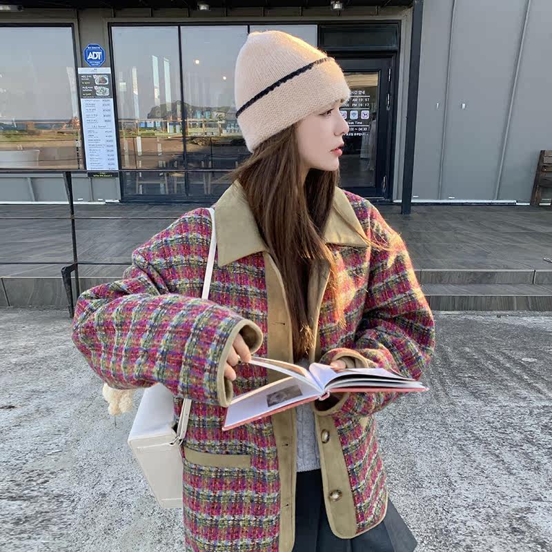 【现货】格子粗花呢领子可拆卸内胆兔毛外套235-350-P185-控278,女装短外套,金十上