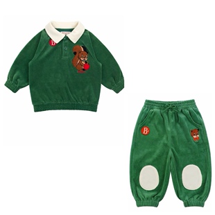 现货!韩国ins宝宝男女童绿色天鹅绒小熊卫衣卫裤幼儿园运动套装