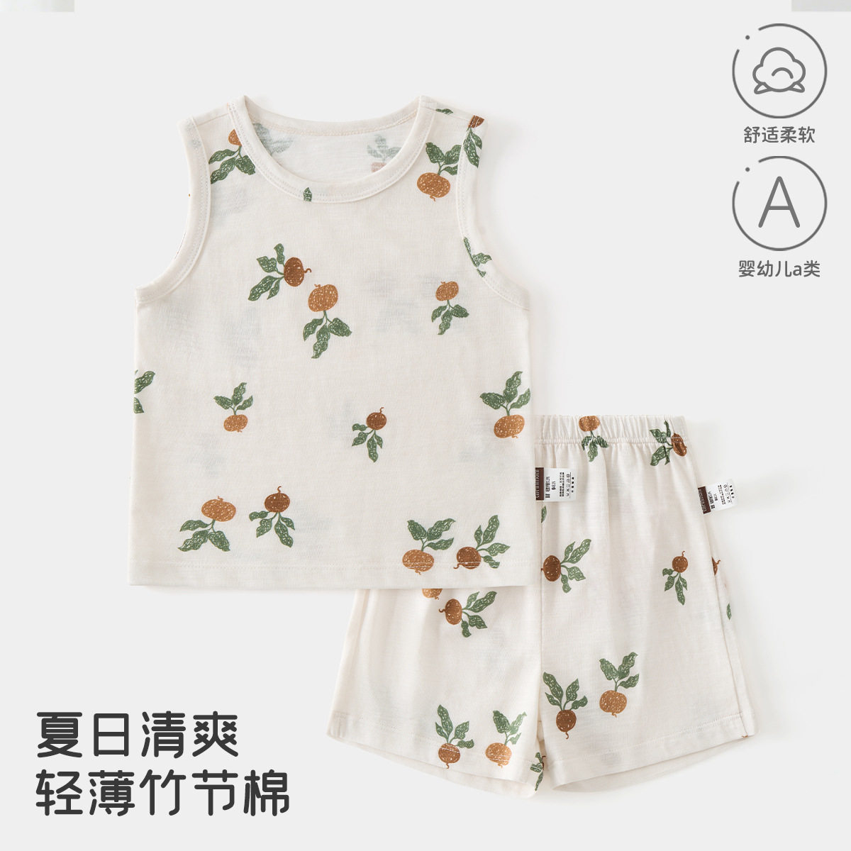 0-6岁宝宝夏日竹节棉无袖套装婴幼儿轻薄透气印花背心短裤两件套 - 实物图