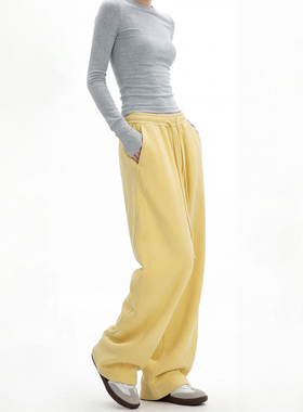 美式复古弯刀裤直筒黄色卫裤女春季新款慵懒风宽松阔腿裤休闲裤子