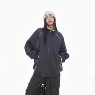 美式苏哈线运动风立领开衫卫衣女春季新款复古oversize宽松外套潮