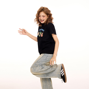 设计感宽松显瘦短上衣 t恤女夏季 美式 复古水果印花黑色小高领短袖