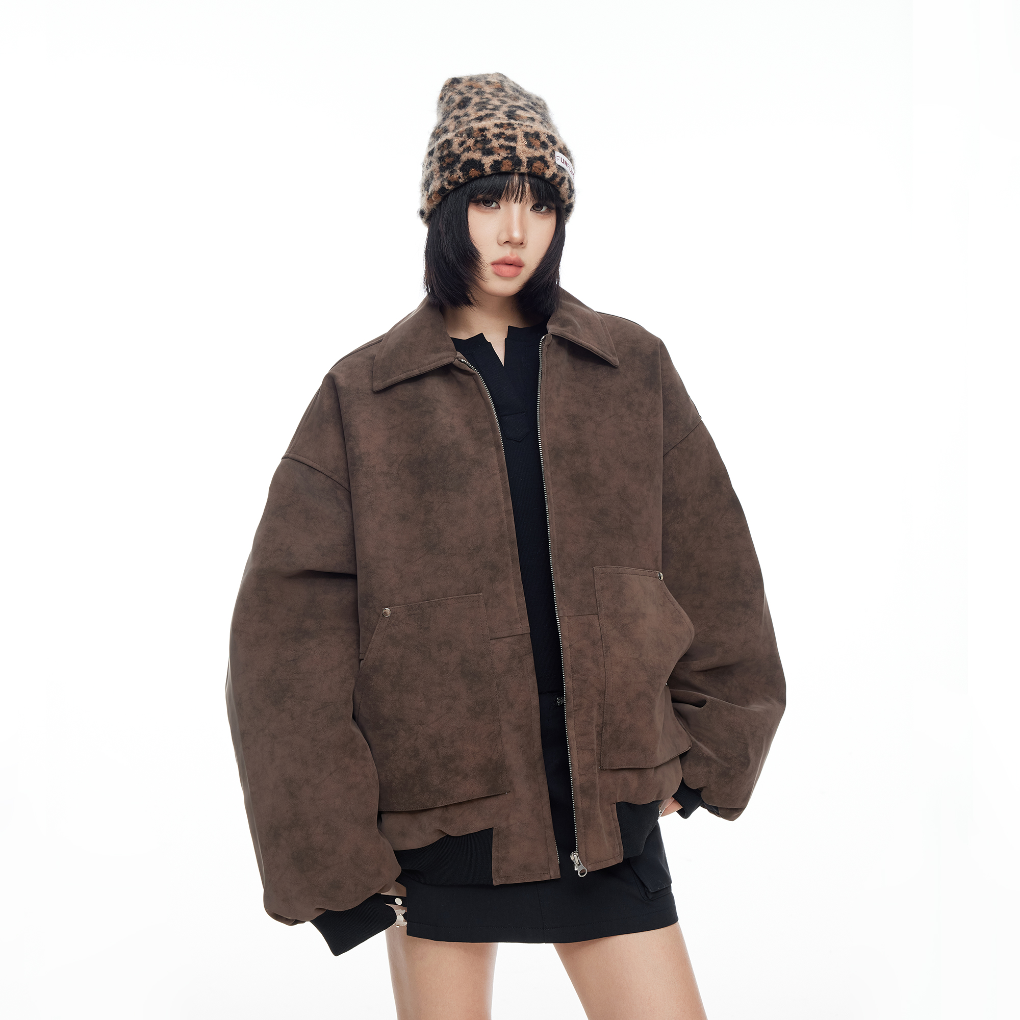 美式复古做旧pu皮翻领棉服女冬季保暖宽松棉衣巨好看的夹棉外套潮
