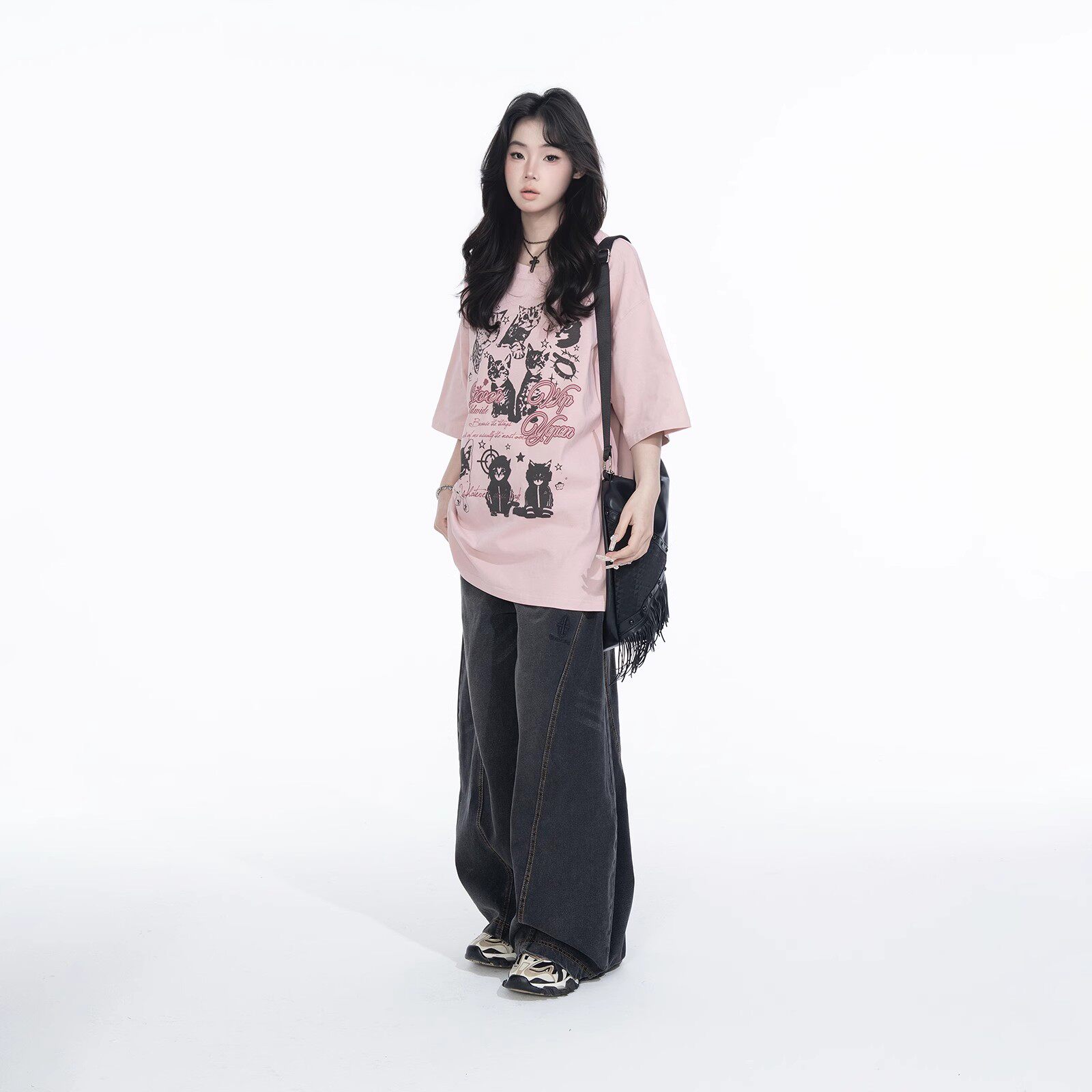 美式复古猫咪印花短袖t恤女夏季新款潮牌宽松甜辣半袖纯棉上衣ins