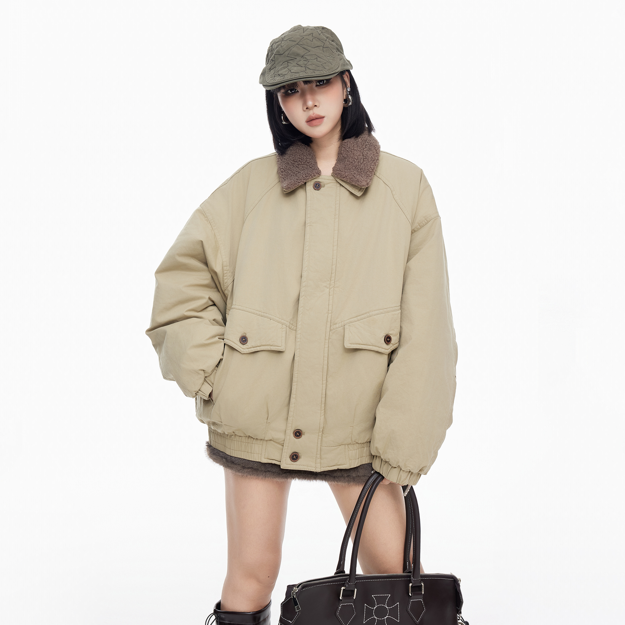 美式复古毛领撞色工装棉服女冬季2025新款慵懒风宽松加厚棉衣外套
