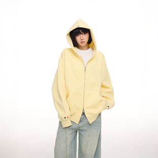 潮 慵懒风宽松拉链开衫 设计感复古刺绣连帽卫衣外套女2025新款 秋季