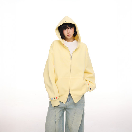 设计感复古刺绣连帽卫衣外套女2025新款秋季慵懒风宽松拉链开衫潮