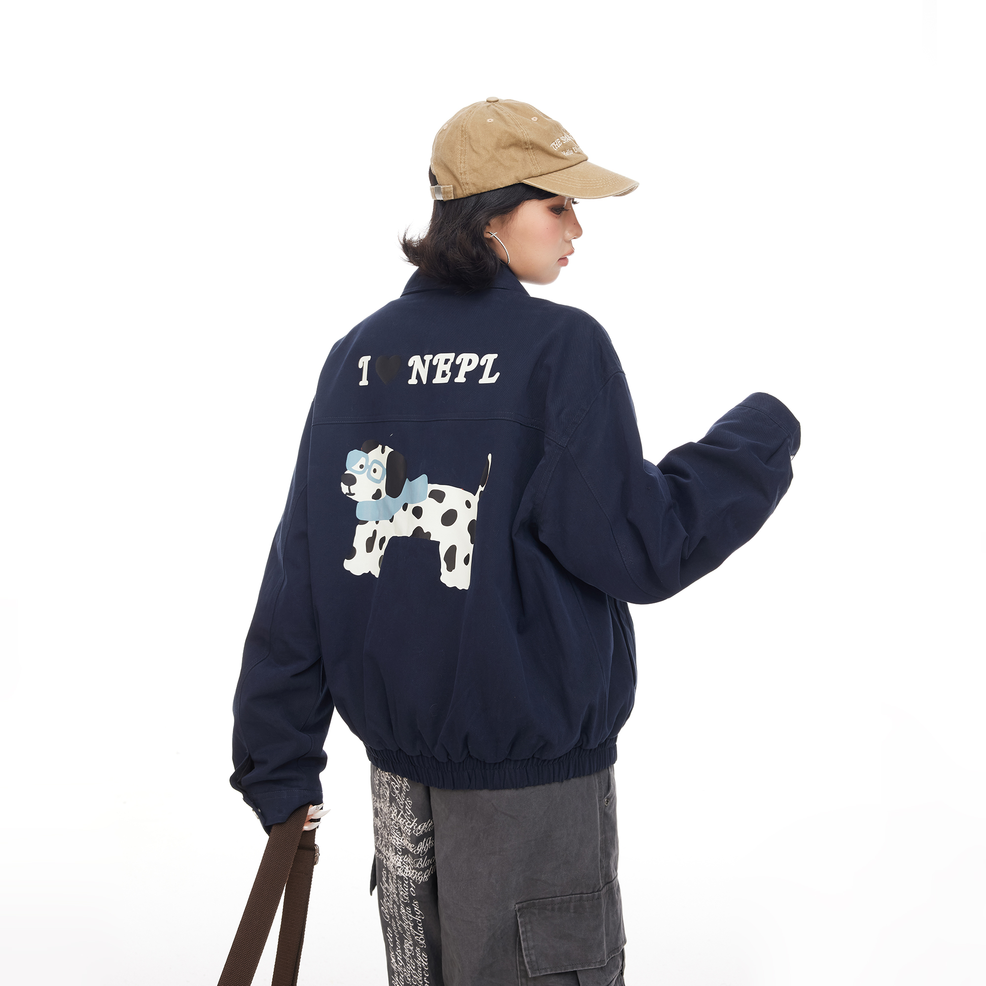 美式复古卡通印花翻领工装外套女秋季设计感宽松显瘦短款开衫夹克