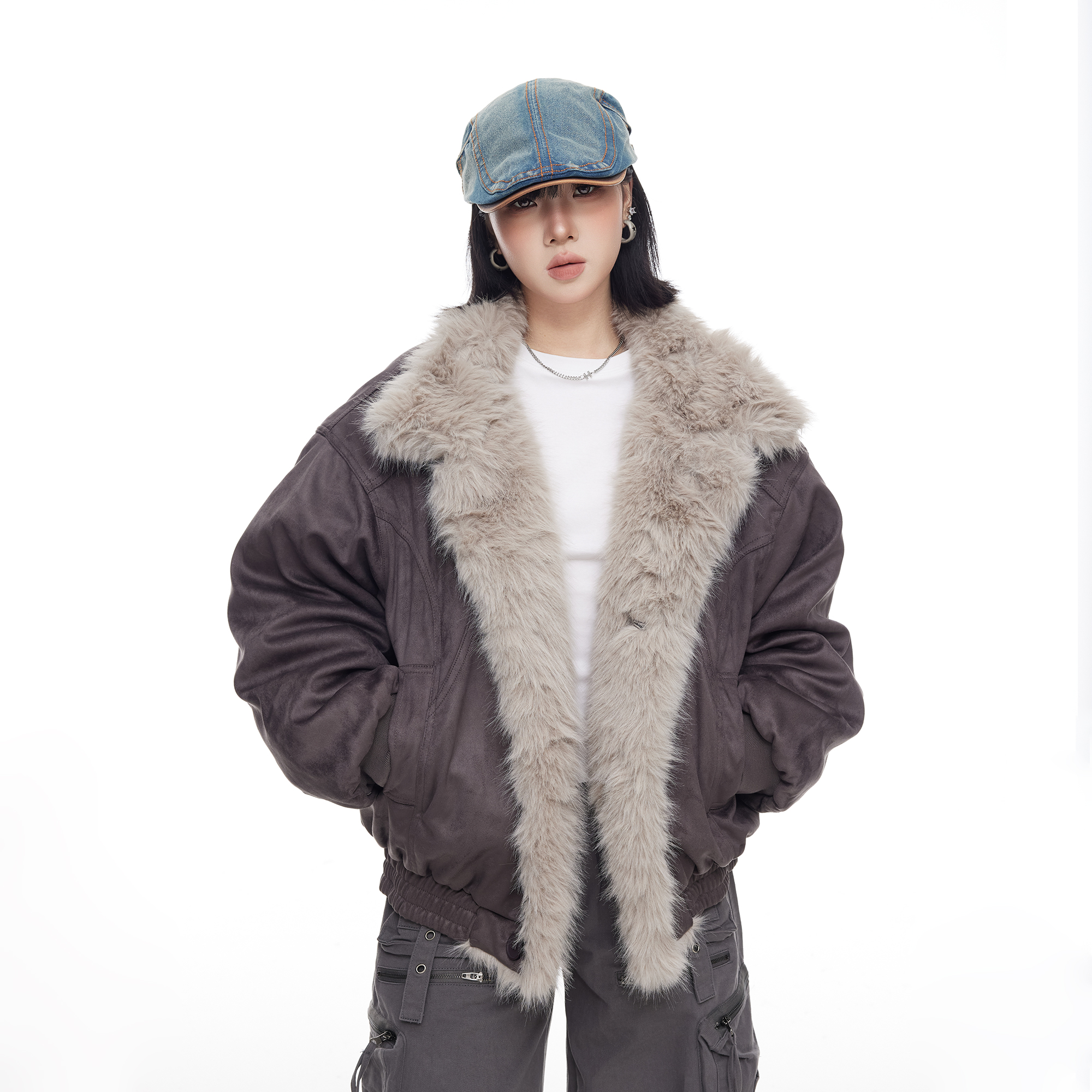 美式bf灰色夹棉座山雕棉衣外套女秋冬新款设计感宽松短款保暖棉服