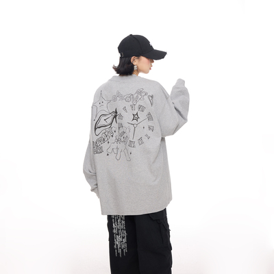 美式复古趣味印花长袖t恤女秋季2025新款慵懒风宽松高级感上衣潮