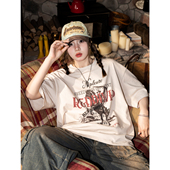 宽松纯棉潮牌设计感半袖 t恤女夏季 上衣 复古做旧印花杏色短袖 美式