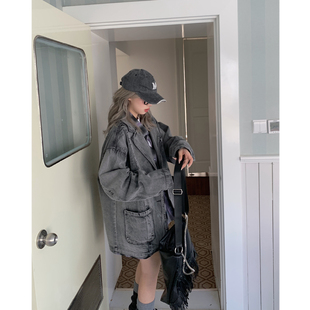 宽松做旧ins休闲夹克 中长款 早秋复古牛仔西装 外套女春秋2024新款