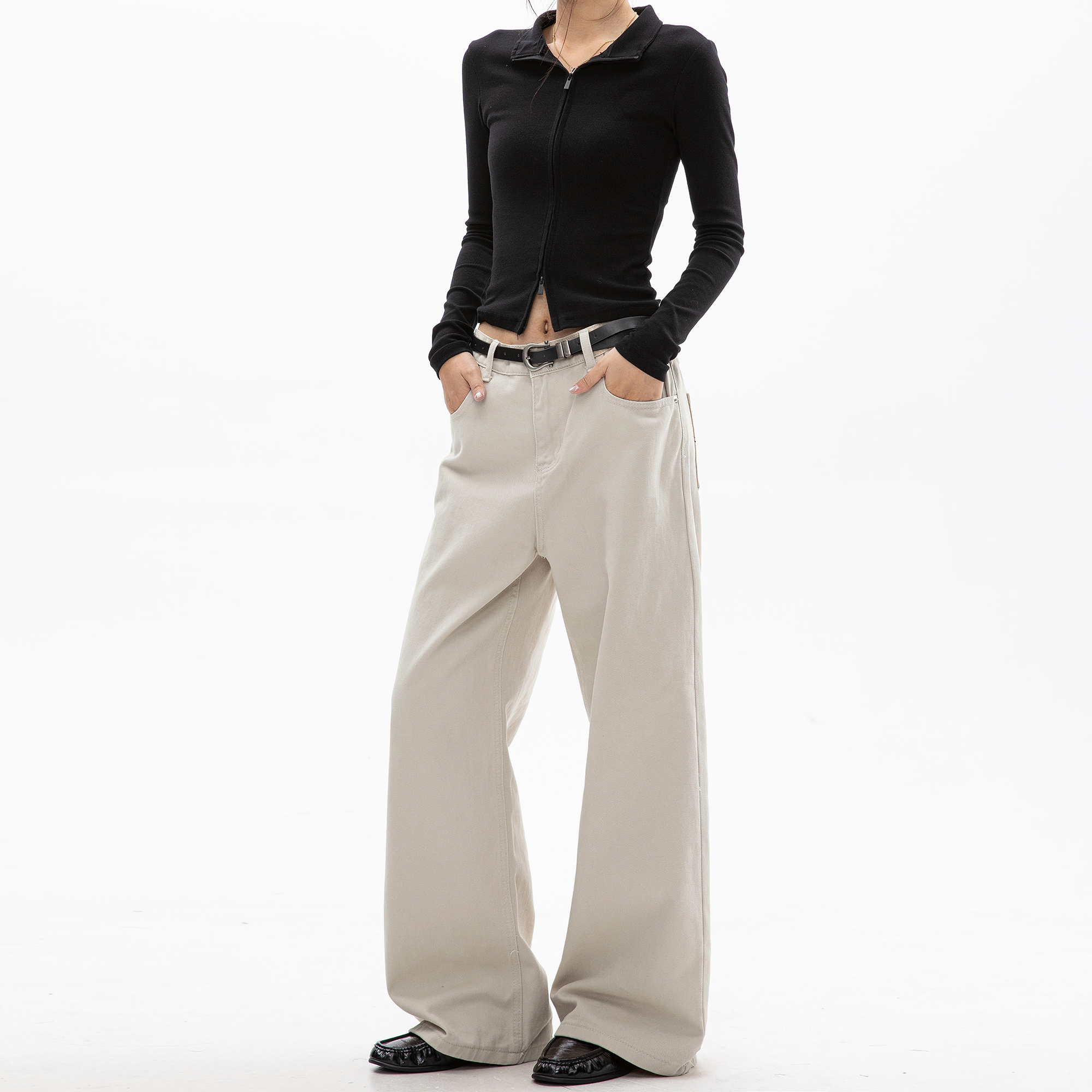 美式复古米色牛仔裤女秋季2025新款设计感宽松直筒阔腿裤休闲长裤