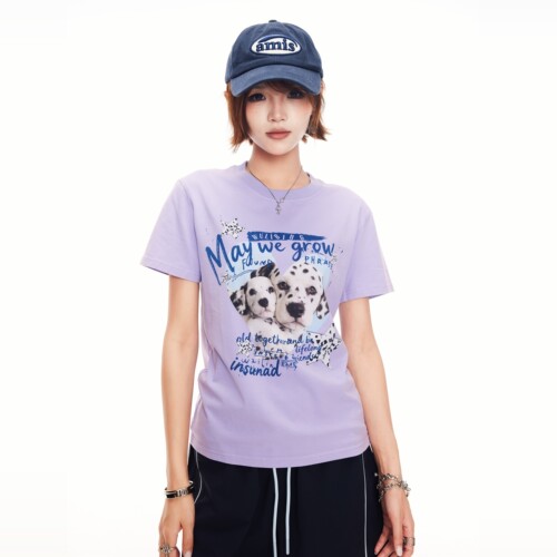 美式香芋紫正肩短袖T恤女夏季斑点狗印花修身显瘦美式休闲上衣潮