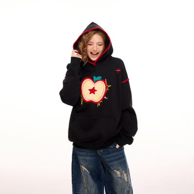 美式趣味苹果刺绣黑色卫衣女连帽秋季街头复古慵懒风宽松长袖外套