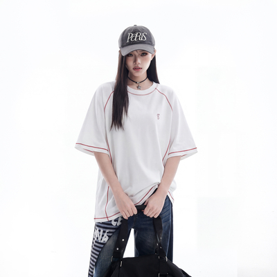 美式复古苏哈线撞色圆领短袖t恤女夏季潮牌慵懒风宽松休闲半袖bf