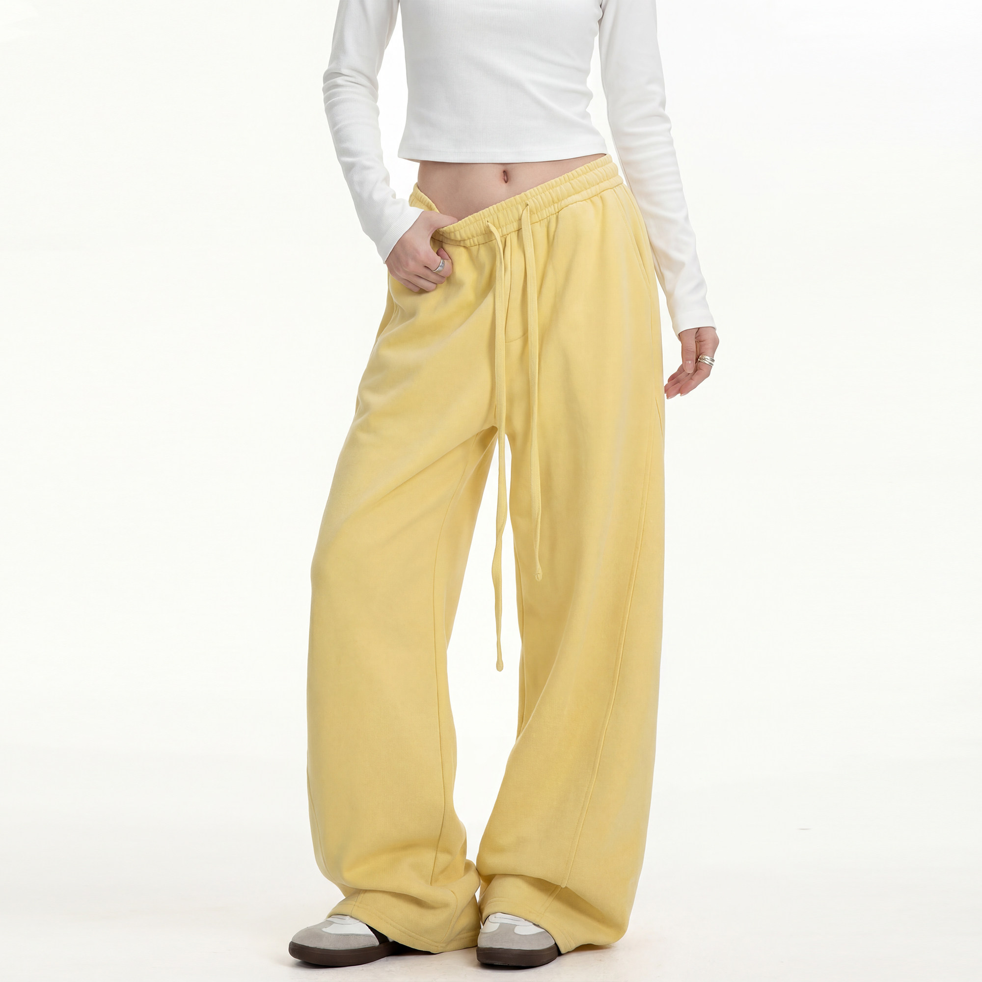 美式黄色弯刀裤加绒卫裤女秋冬慵懒风宽松阔腿裤休闲加厚运动裤子,女装/女士精品,卫裤,淘宝优惠券,粉丝福利购,淘宝优惠卷