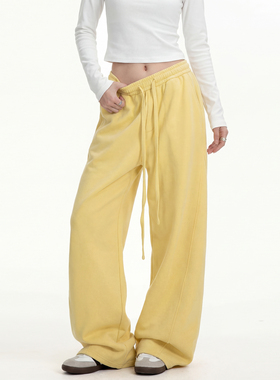 美式黄色弯刀裤加绒卫裤女秋冬慵懒风宽松阔腿裤休闲加厚运动裤子