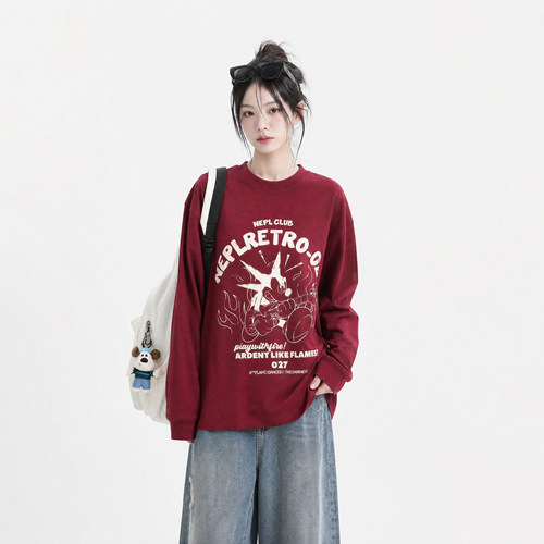 美式复古印花酒红色长袖t恤女早秋oversize慵懒风宽松圆领上衣潮