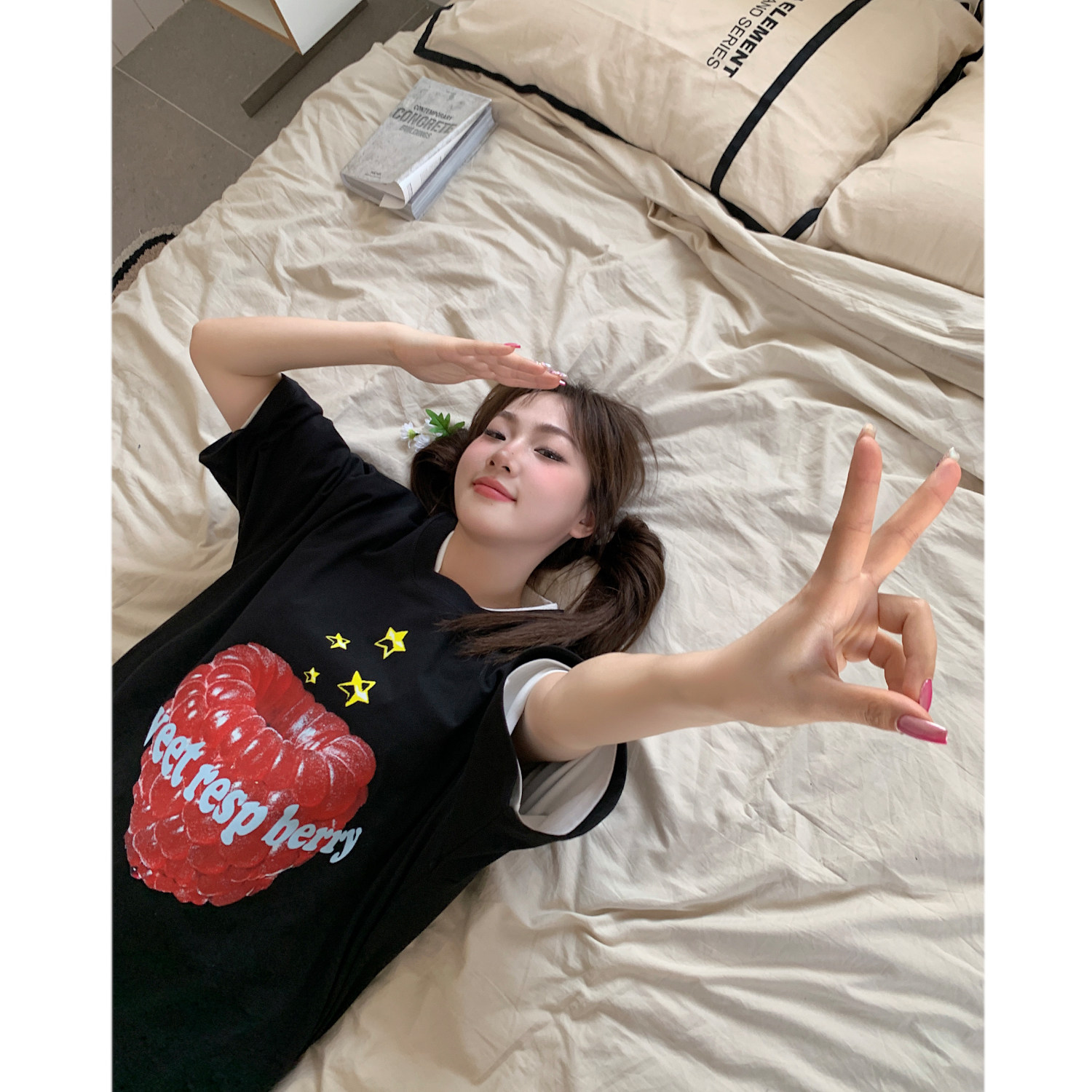 复古设计感树莓印花黑色纯棉t恤女半袖街头夏季oversize短袖上衣