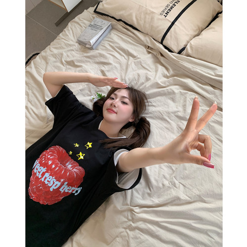 复古卡通黑色纯棉短袖t恤女