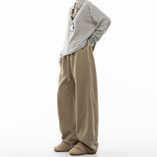 情侣加厚休闲长裤 美式 女加绒秋冬直筒阔腿裤 运动卫裤 子 宽松弯刀裤