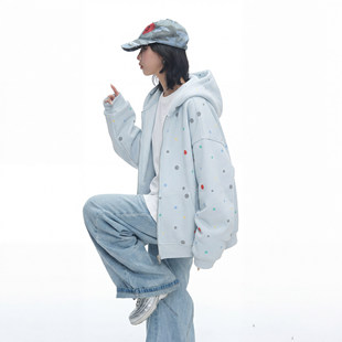 设计感慵懒宽松拉链外套 卫衣女早春2026新款 美式 蓝色波点连帽开衫