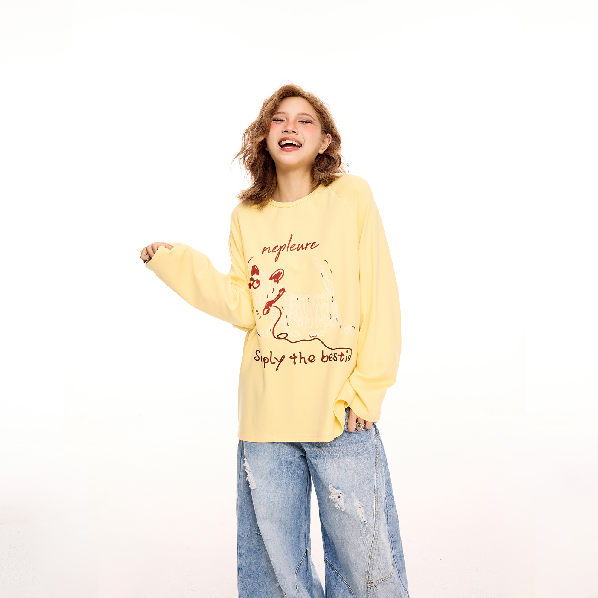 美式复古卡通狗狗印花长袖t恤女早秋新款2025慵懒风宽松纯棉上衣