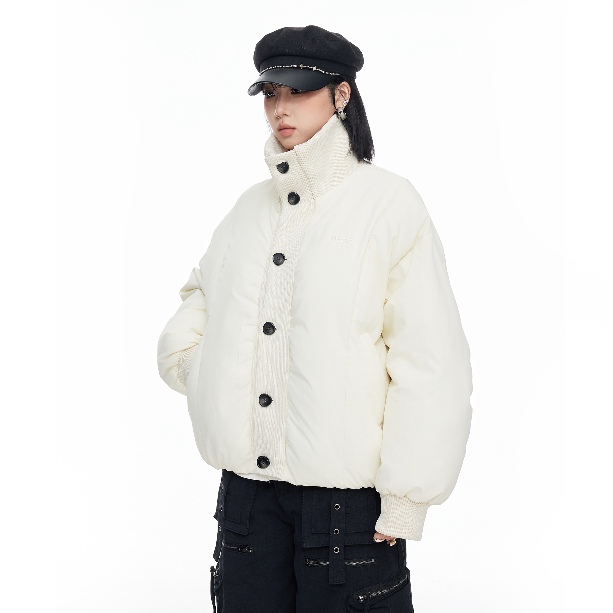 美式针织拼接高领棉服女款冬季设计感宽松短款加厚立领棉衣外套潮