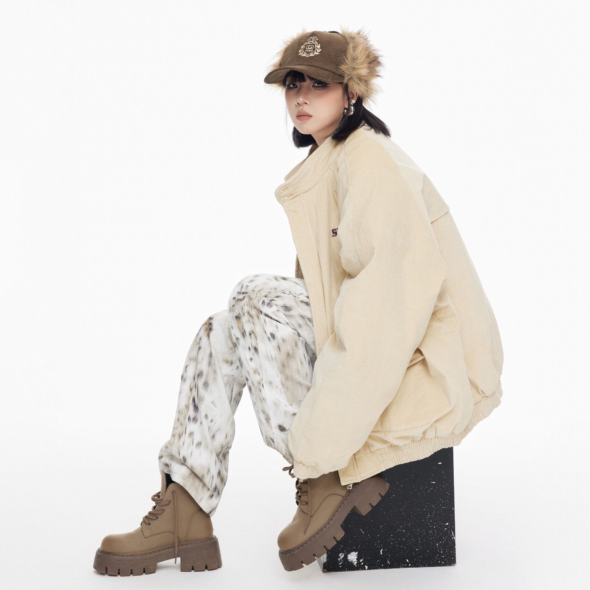 美式复古字母刺绣灯芯绒夹棉外套女秋冬新款oversize立领棉衣棉服