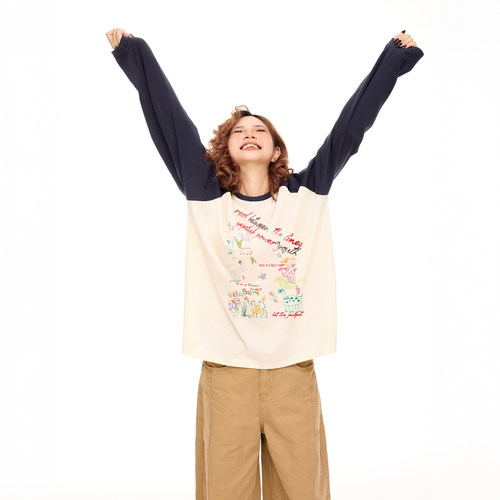 美式复古印花撞色长袖t恤女秋季设计感慵懒风宽松插肩圆领上衣潮