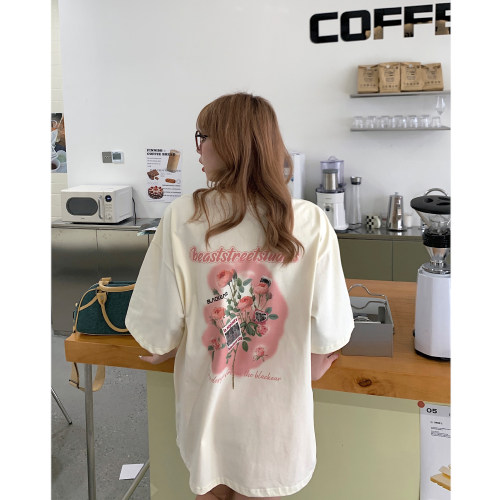 美式玫瑰短袖t恤女纯棉宽松