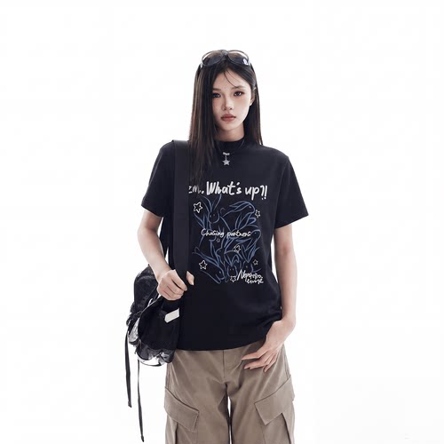 美式复古兔子印花黑色短袖t恤女夏季新款显瘦短款休闲正肩上衣潮