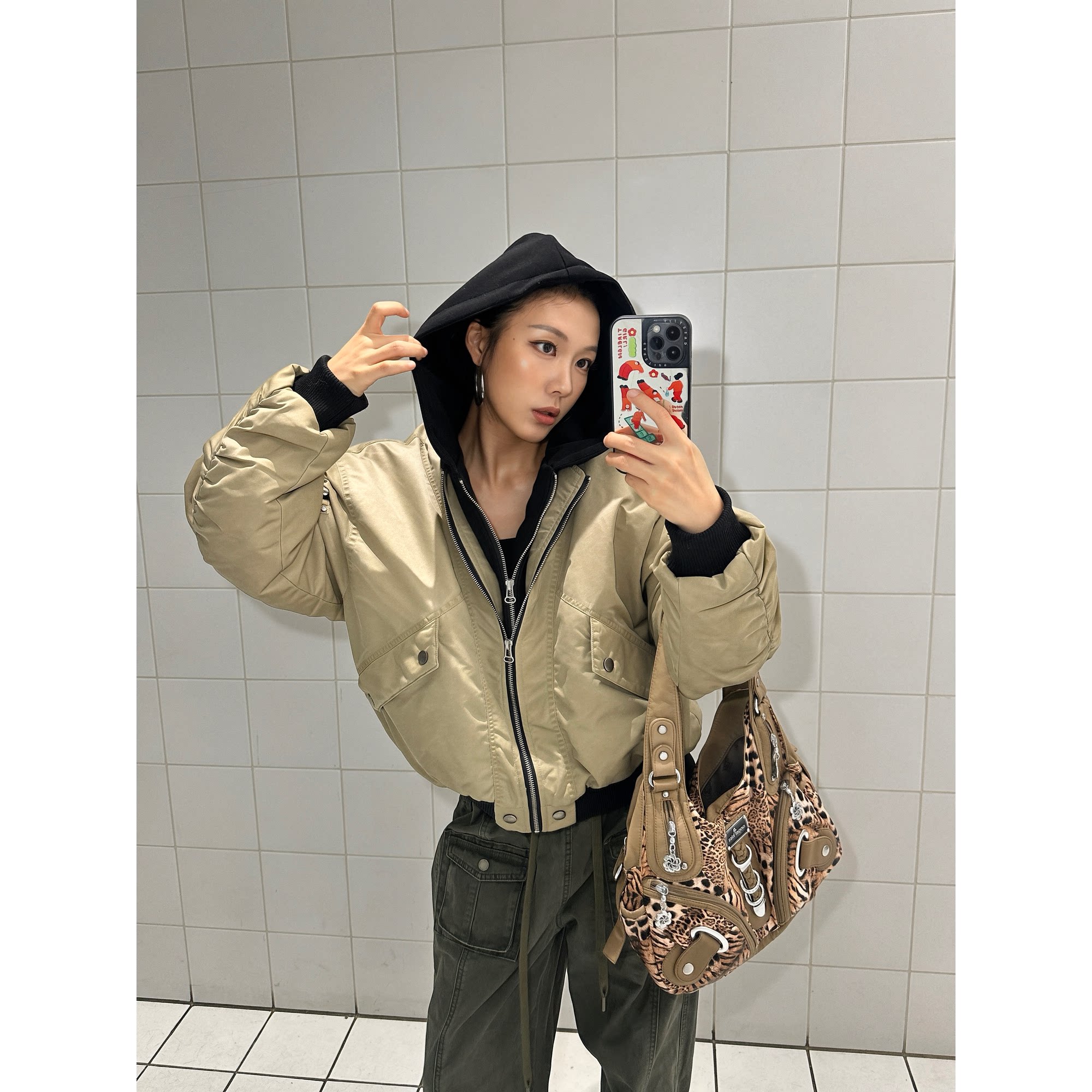 美式复古拼色多材质拼接棉服女冬季加厚宽松连帽拉链长袖休闲外套