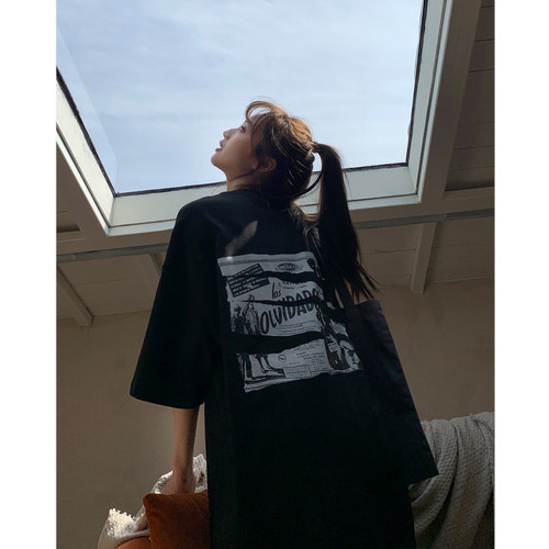 国潮做旧印花t恤女黑色短袖ins潮