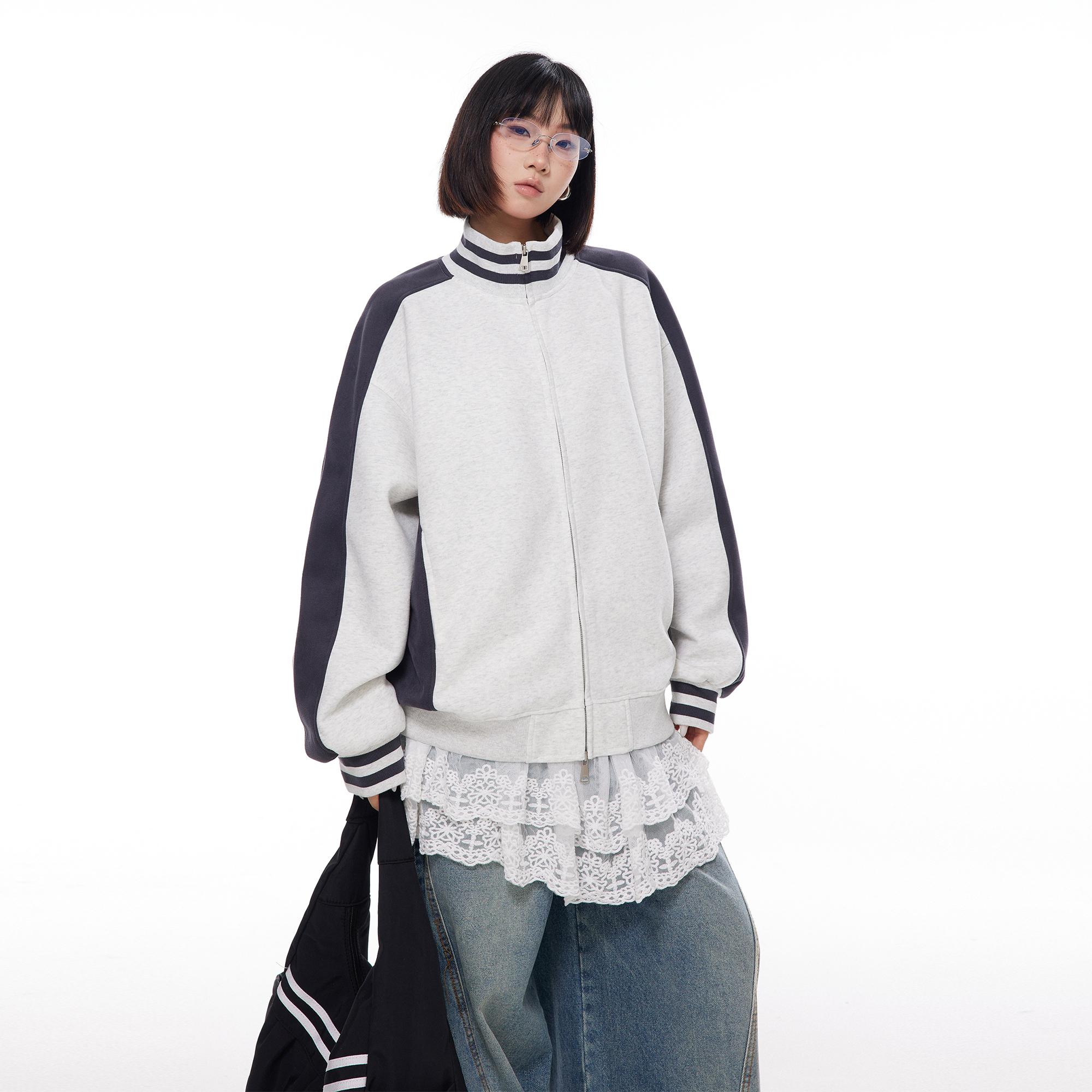美式复古撞色立领外套女春秋2025新款街头宽松开春拉链卫衣开衫潮