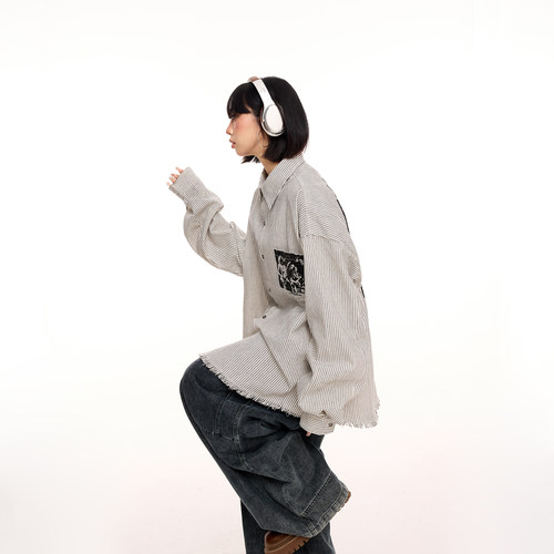 美式乐队印花竖条纹长袖衬衫女早春新款设计感毛边宽松休闲衬衣潮