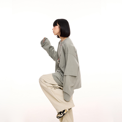美式街头印花oversize假两件长袖t恤女秋季设计感宽松休闲薄卫衣