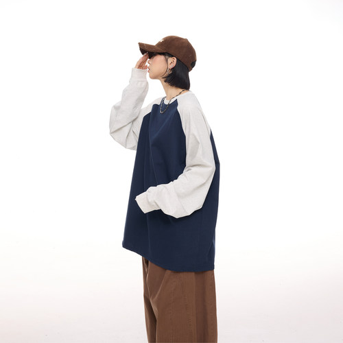 美式撞色插肩袖长袖t恤女2025新款秋季慵懒风oversize纯棉上衣潮