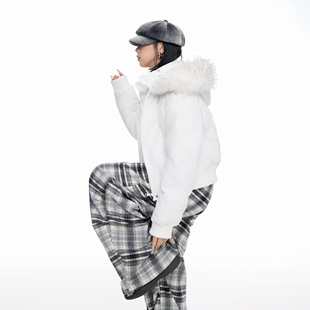 美式复古白色毛领棉服女款2025新款冬季显瘦短款连帽棉衣收腰外套