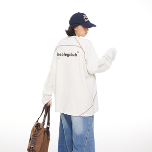 美式复古苏哈线设计感长袖t恤女秋季oversize骑行运动风情侣上衣