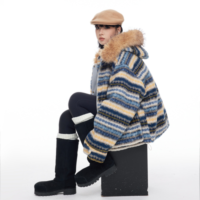 美式复古费尔岛连帽毛领棉服女冬季宽松加厚棉衣巨好看的夹棉外套
