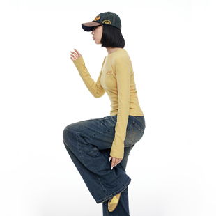 美式复古苏哈线修身正肩长袖t恤女秋季设计感显瘦短款上衣