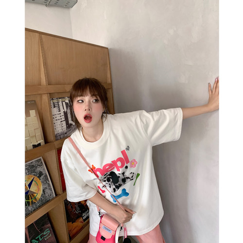复古卡通白色纯棉宽松t恤女短袖