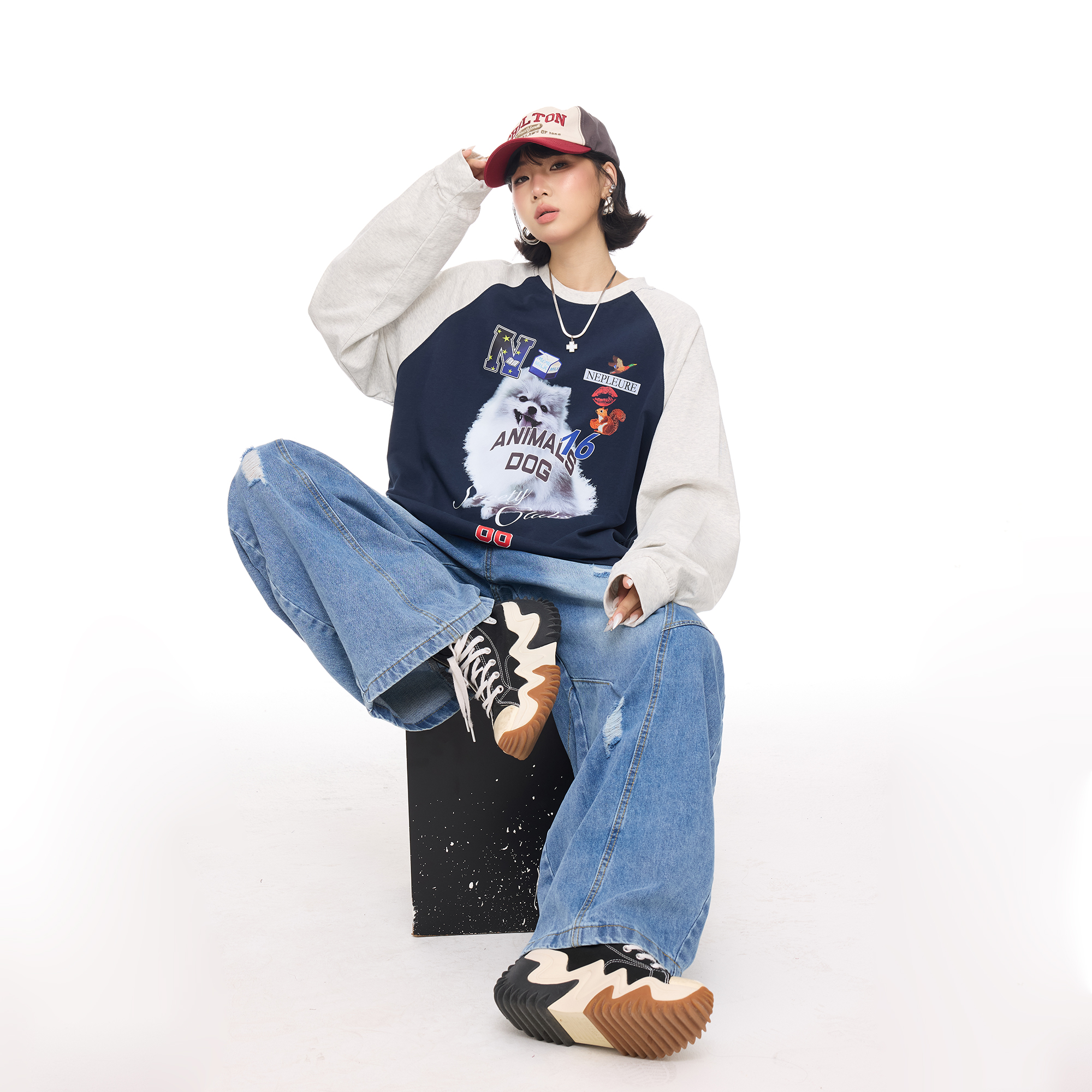 美式复古狗狗印花插肩长袖t恤女早秋新款2025设计感宽松撞色上衣