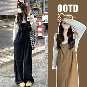 孕妇背带裤套装时尚韩系艺术生宽松显瘦连体拖地长裤搭配针织上衣