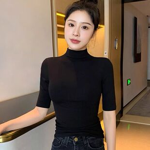 半高领打底衫女中袖上衣五分袖春秋新款洋气修身黑色针织内搭t恤